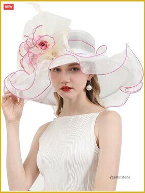 Wide Brim Leaf Flower Derby Church Hat with Adjustable Sweatband